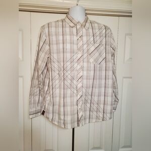 Tony Hawk Mens Long Sleeve Button Up Shirt Size Medium White Brown Beige